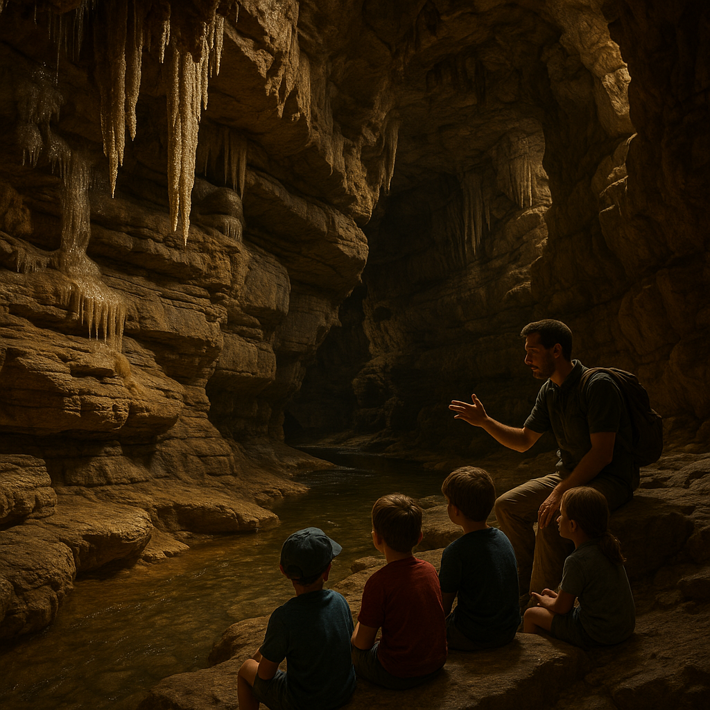 Intérieur de l'Abîme de Bramabiau avec formations géologiques et enfants écoutant un guide.