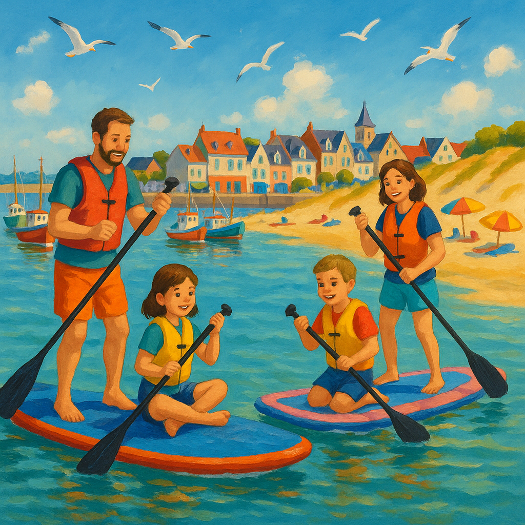 Scène de paddle au Crotoy avec des familles sur l'eau, un port coloré en arrière-plan et des dunes de sable.