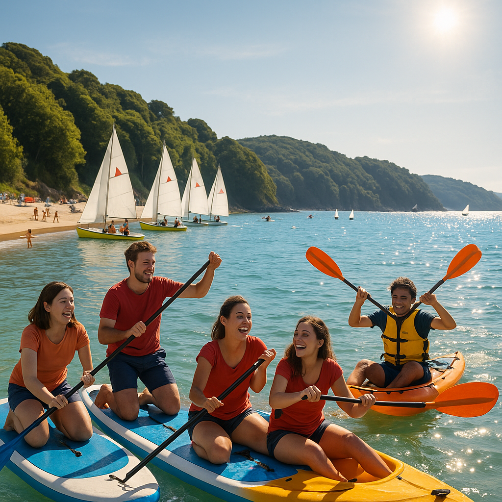 Scène d'activités nautiques à la plage de Kerfany avec paddle, kayak et voiliers.