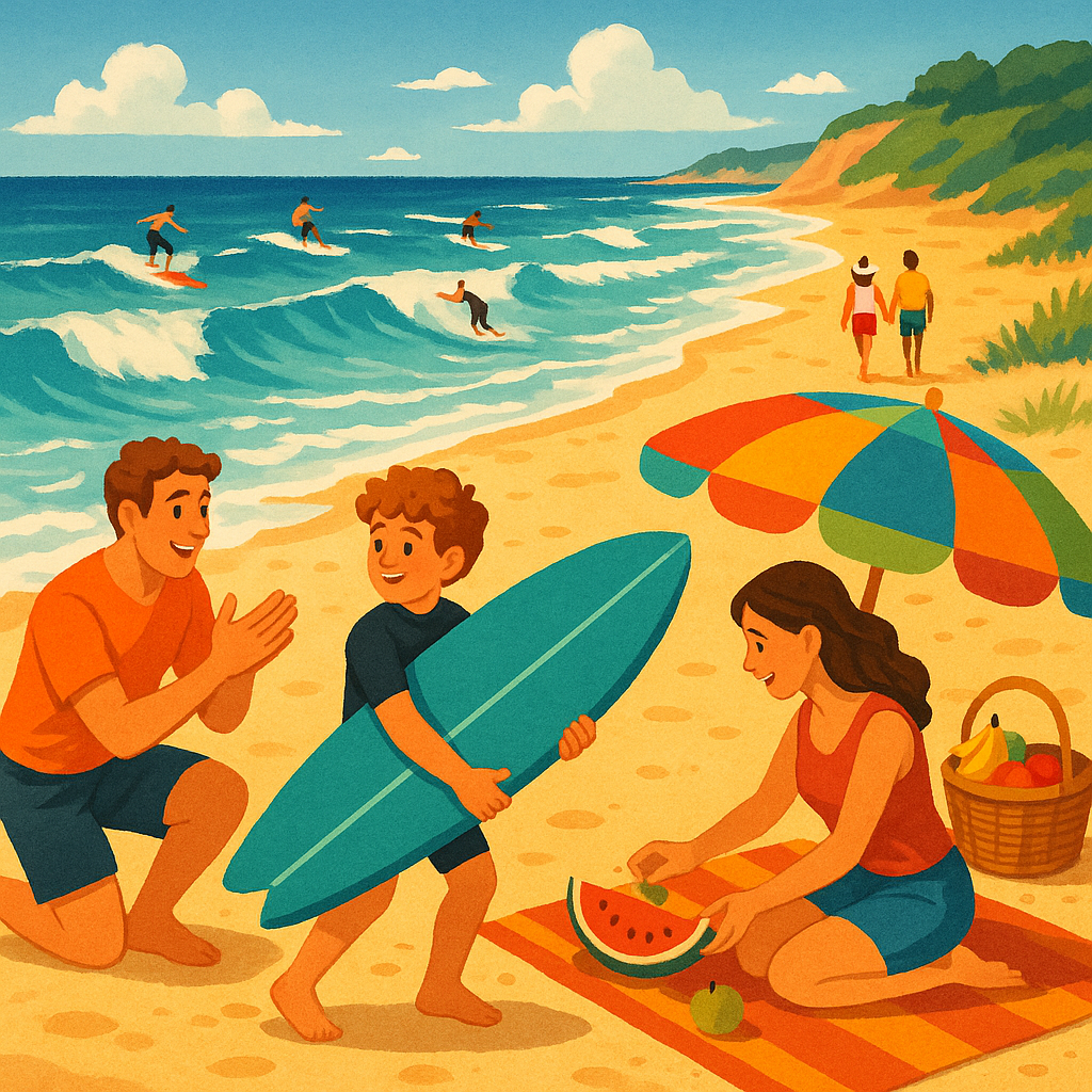 Scène marine pleine de vie, représentant une famille profitant du surf et d'un pique-nique sur la plage.