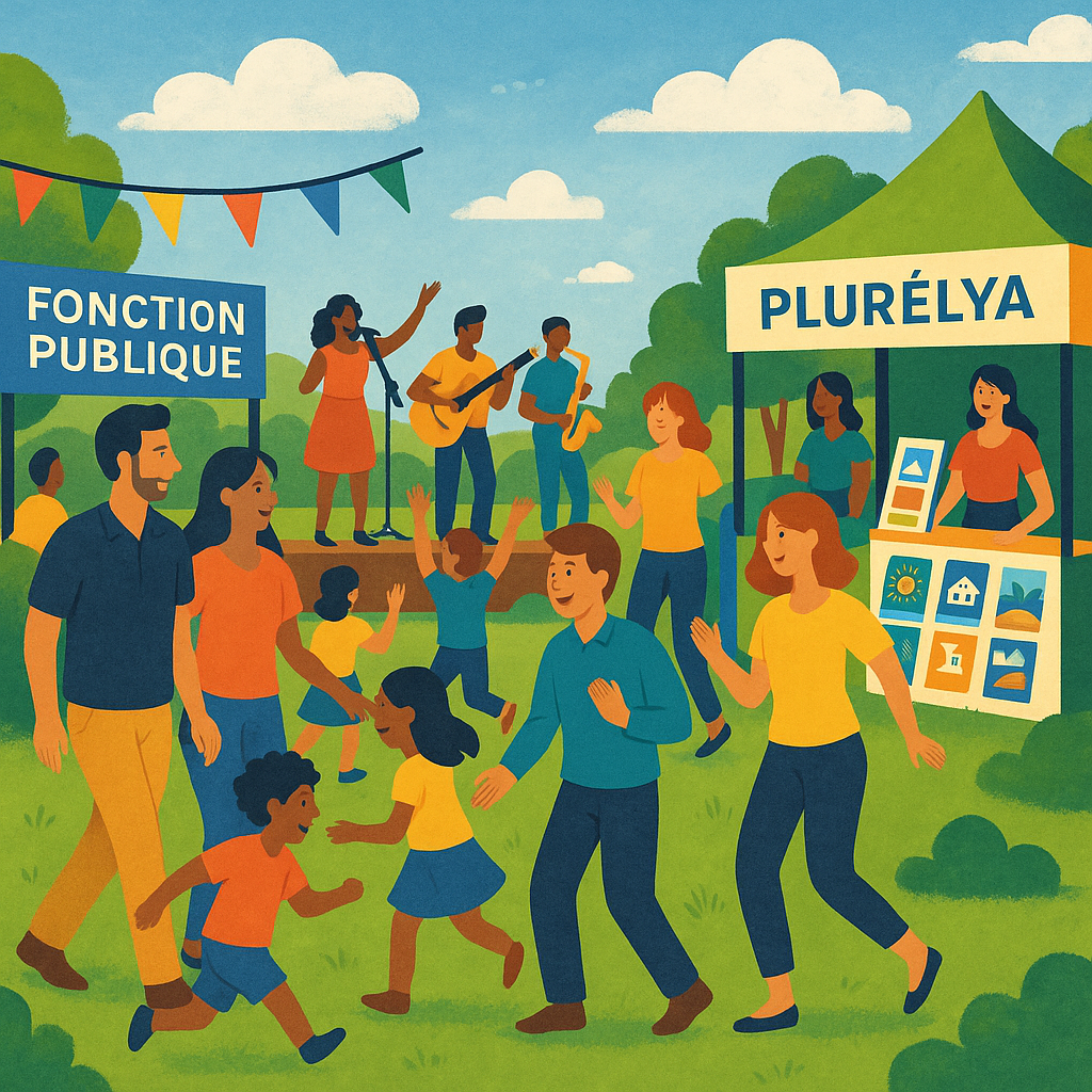 Un groupe d'agents de la Fonction Publique participant à des activités de loisirs en plein air avec des enfants.