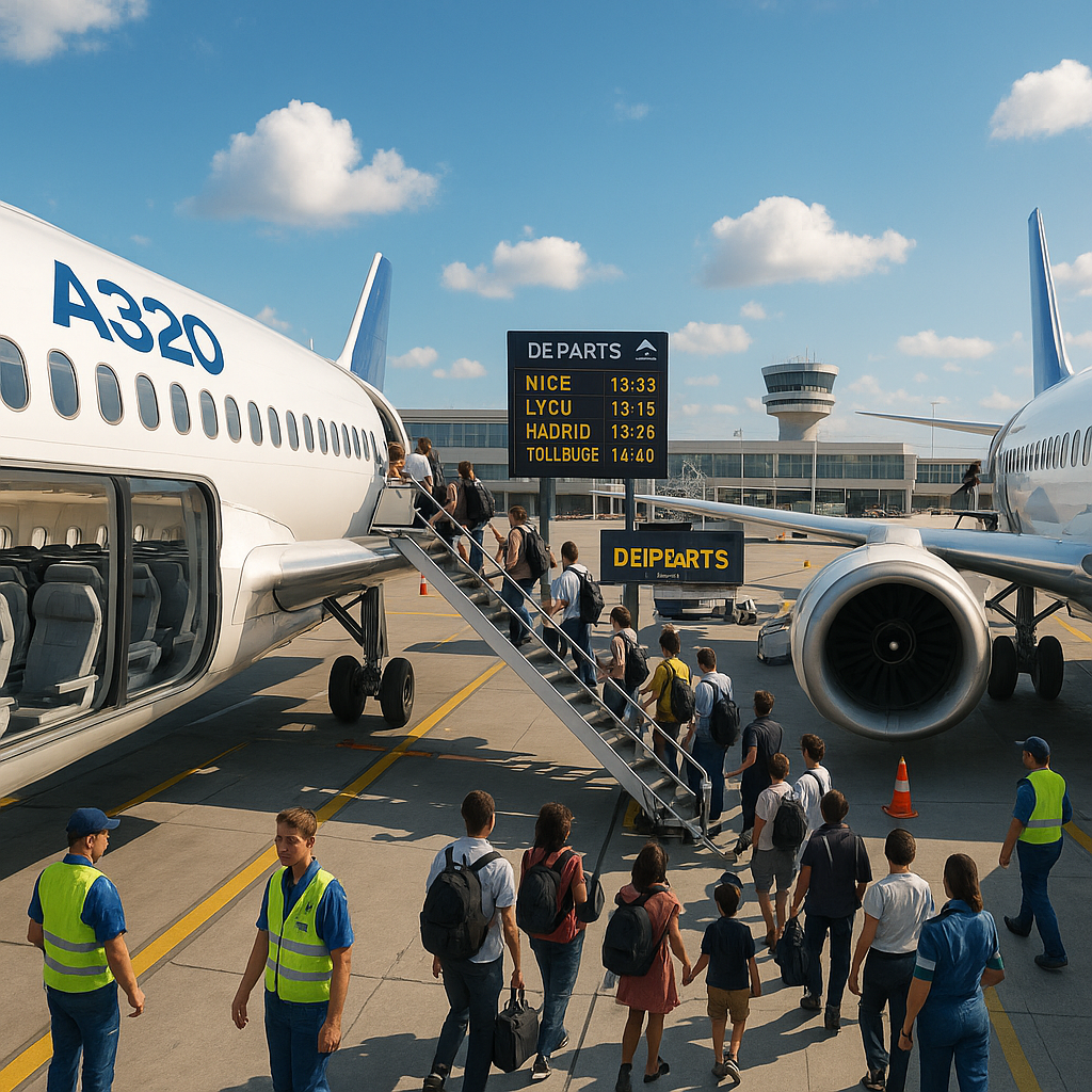 Vue d'un aéroport avec un Airbus et un Boeing en phase d'embarquement.
