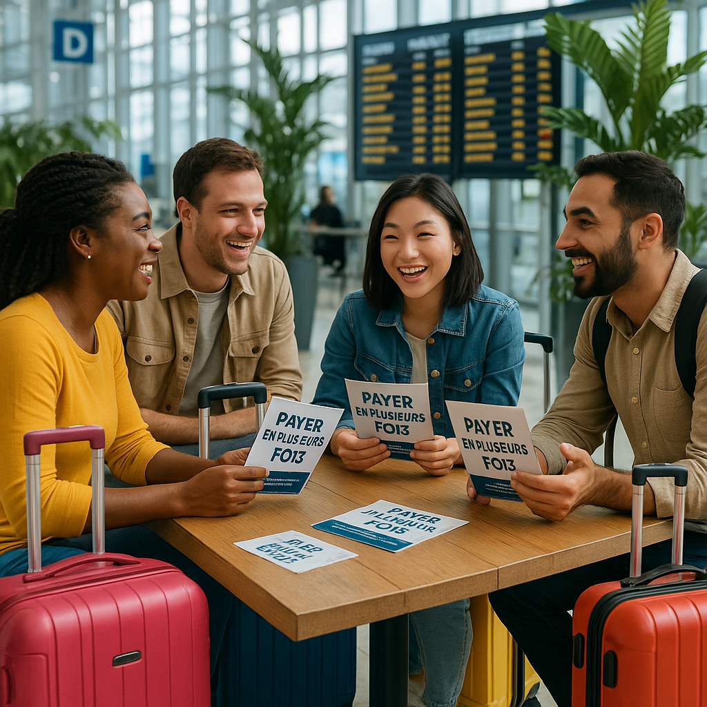 Voyageurs dans un aéroport attendant leur vol avec des bulletins sur le paiement en plusieurs fois.