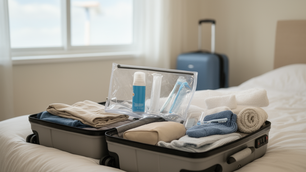 Déodorant aérosol protégé dans une pochette étanche à l’intérieur d’une valise en soute