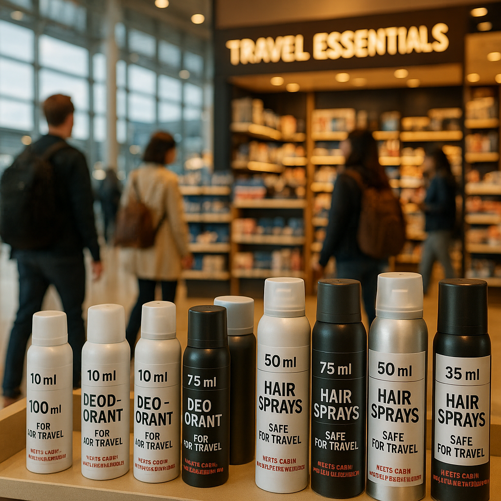Exposition d'aérosols de voyage dans une boutique d'aéroport.