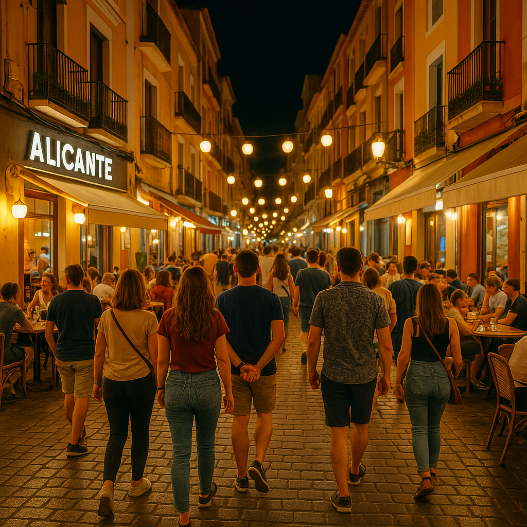 Scène de vie nocturne à Alicante avec des personnes dans une rue animée.
