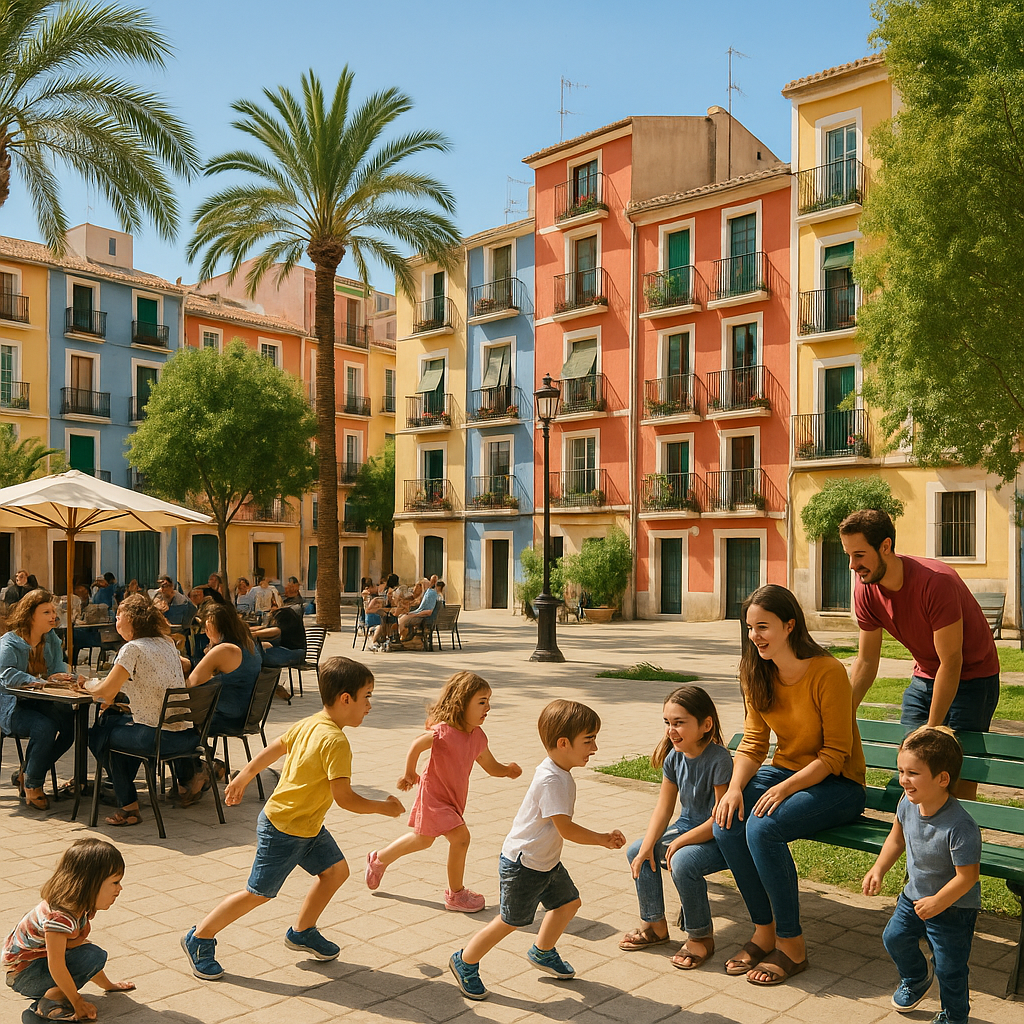 Scène d'un parc animé à Alicante avec des familles et enfants profitant d'une journée ensoleillée.