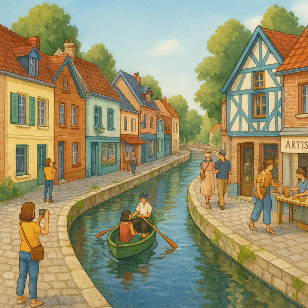 Coin pittoresque du quartier Saint-Leu à Amiens avec des maisons colorées et un canal.