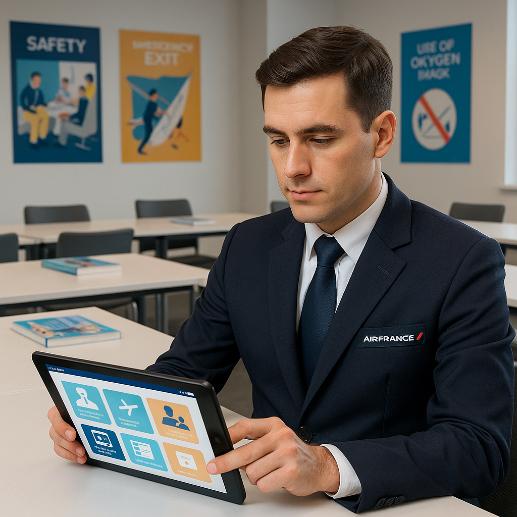 Membre d'équipage d'Air France utilisant une tablette pour sa formation, dans un environnement moderne.