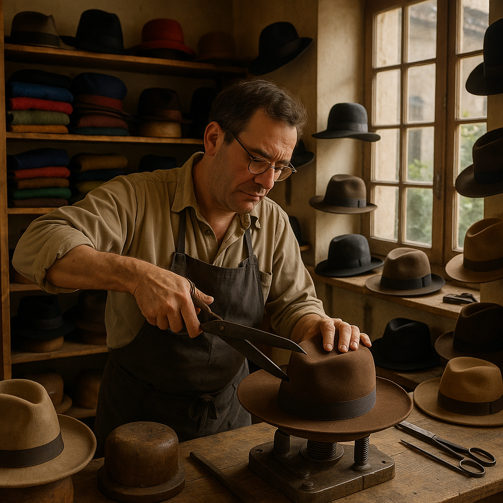 Un artisan chapelier au travail dans son atelier à Caussade, entouré de chapeaux en fabrication.