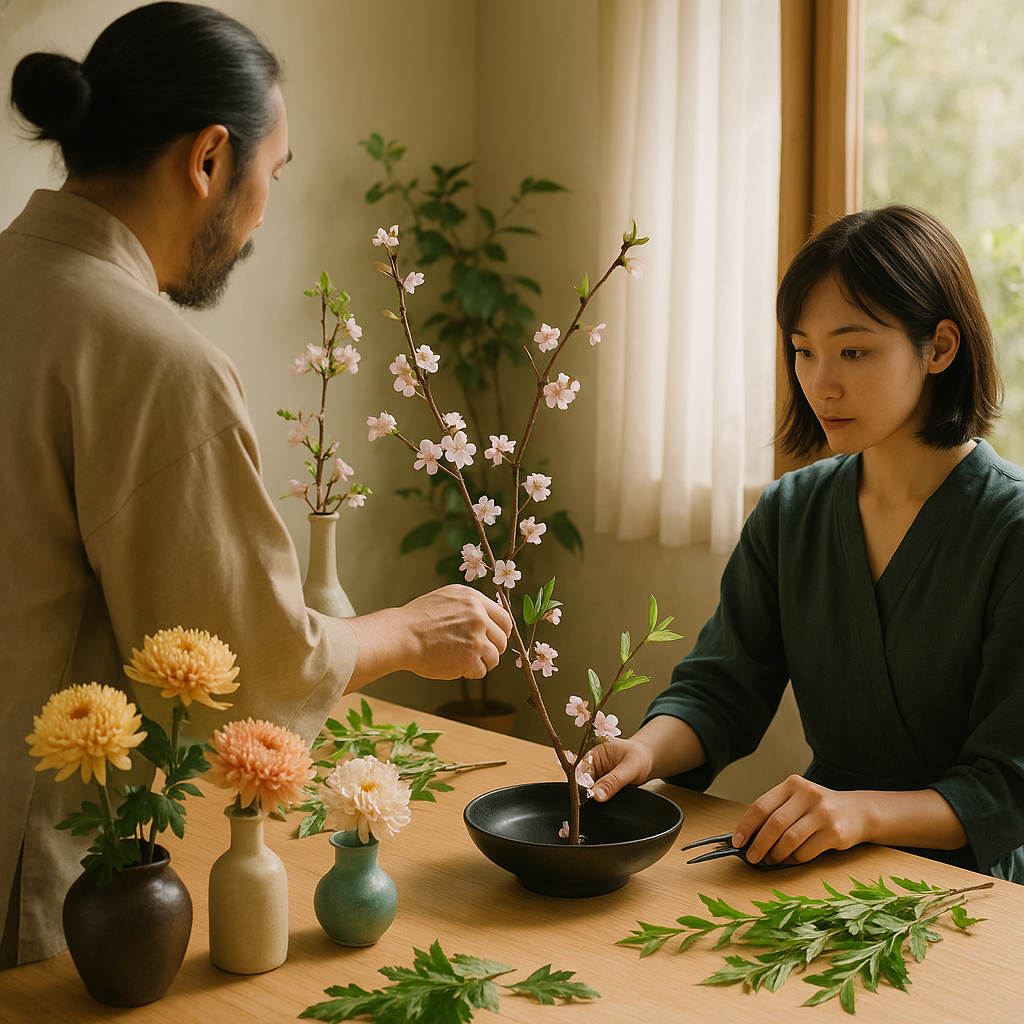 Scène d'un atelier d'ikebana avec un enseignant et un élève créant un arrangement floral