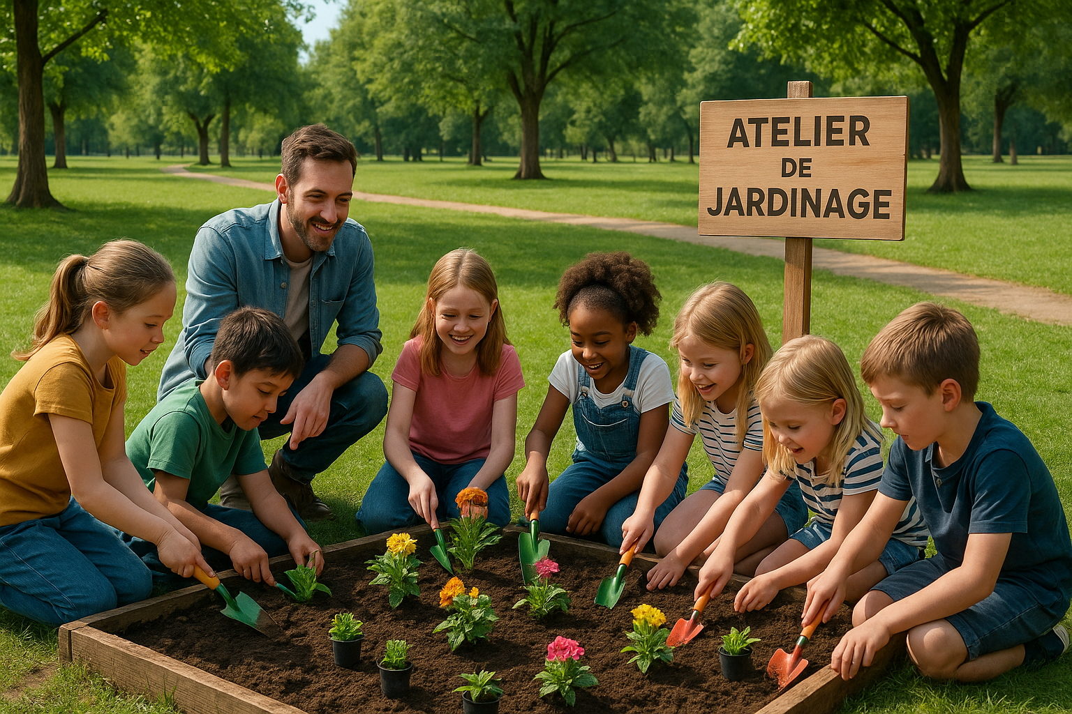 Des enfants participant à un atelier de jardinage au Parc de Gloriette.