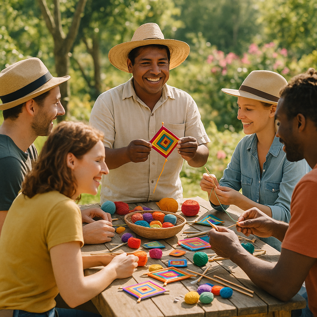 Des voyageurs participant à un atelier culturel en plein air, apprenant l'artisanat local dans un cadre accueillant