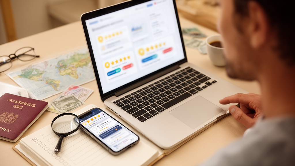 Personne vérifiant des avis clients en ligne avant de réserver un séjour avec Azami voyage.