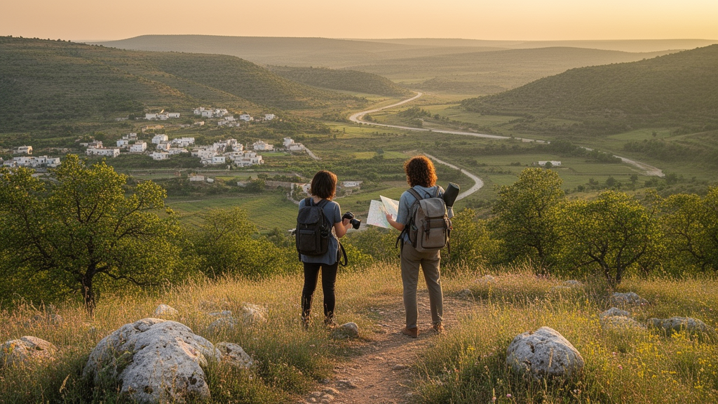 Deux voyageurs vus de dos contemplant un paysage naturel et un village calme lors d’une balade à Slouk.