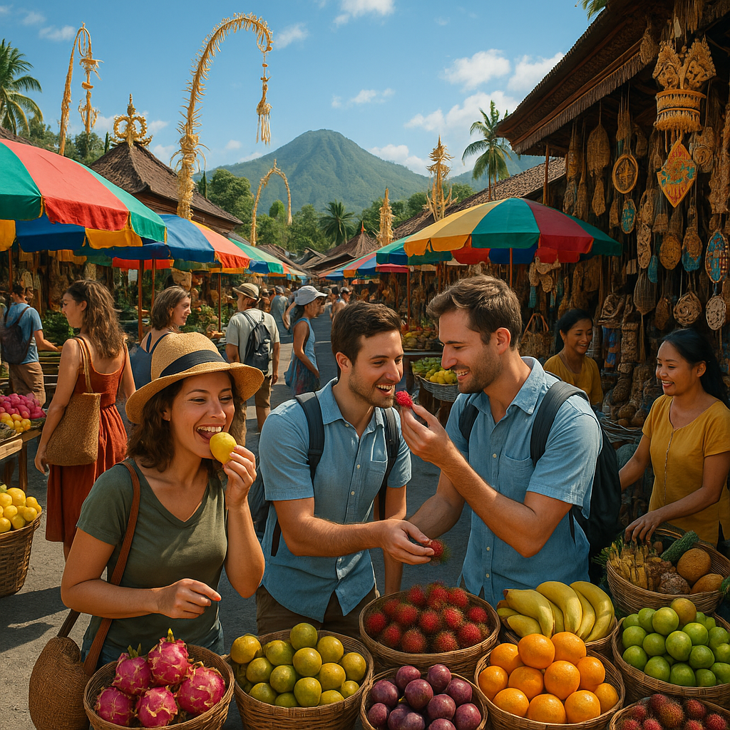 Panorama d'un marché local à Bali avec des fruits exotiques et des touristes.