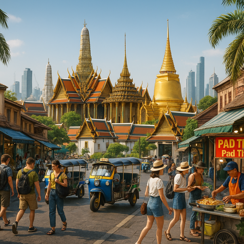 Vue panoramique de Bangkok avec le Grand Palais, des touristes dans les rues, des tuk-tuks colorés et des stands de nourriture de rue.