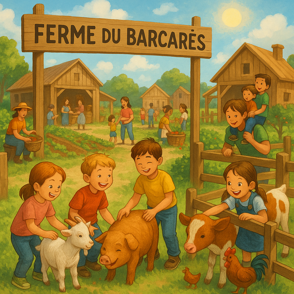 Enfants découvrant les animaux à la Ferme du Barcarès dans une ambiance conviviale.
