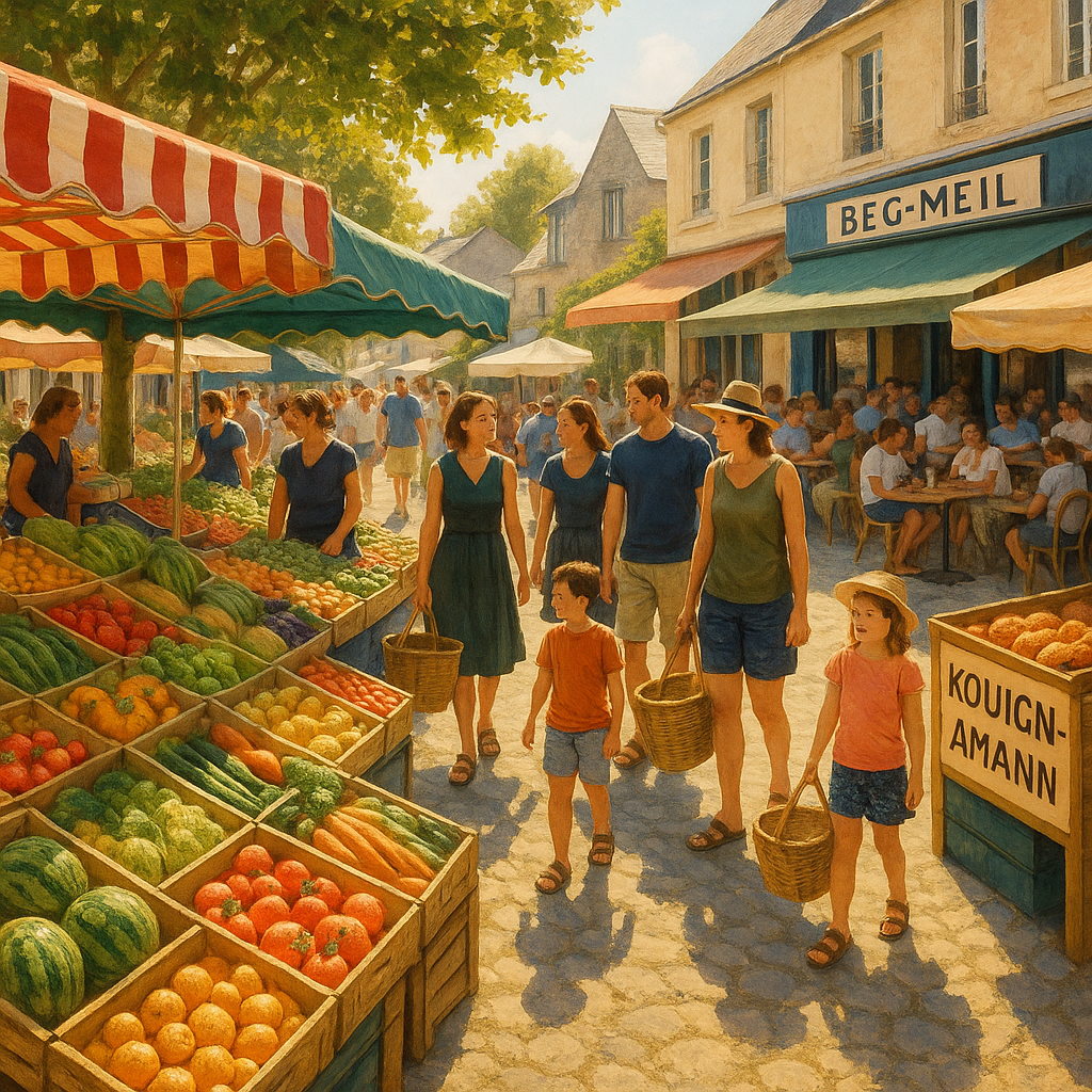 Ambiance de marché estival à Beg Meil, avec des étals de produits locaux et des visiteurs en train de faire leurs courses.