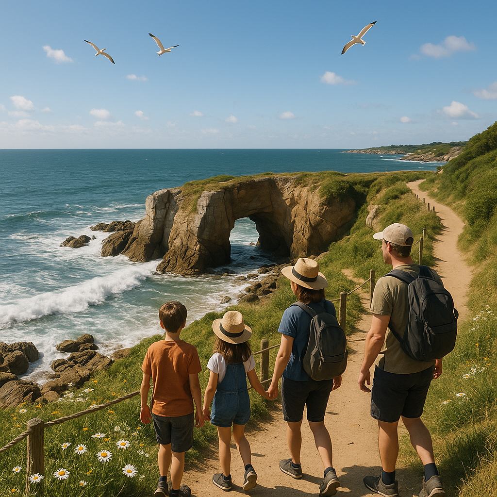 Vue panoramique de la Roche Percée à Beg Meil avec une famille marchant sur un sentier.