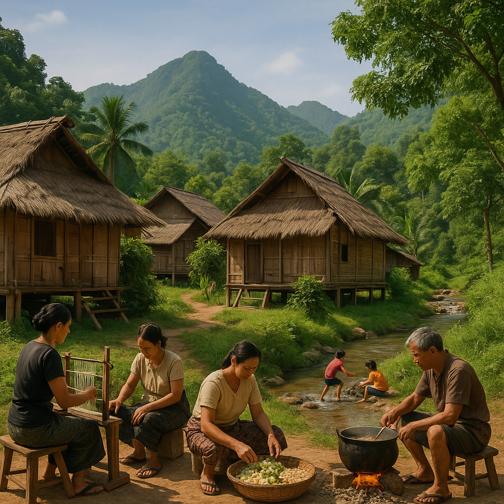 Scène de la vie quotidienne dans un village de Bokeo avec maisons en bois, villageois et montagnes en arrière-plan.