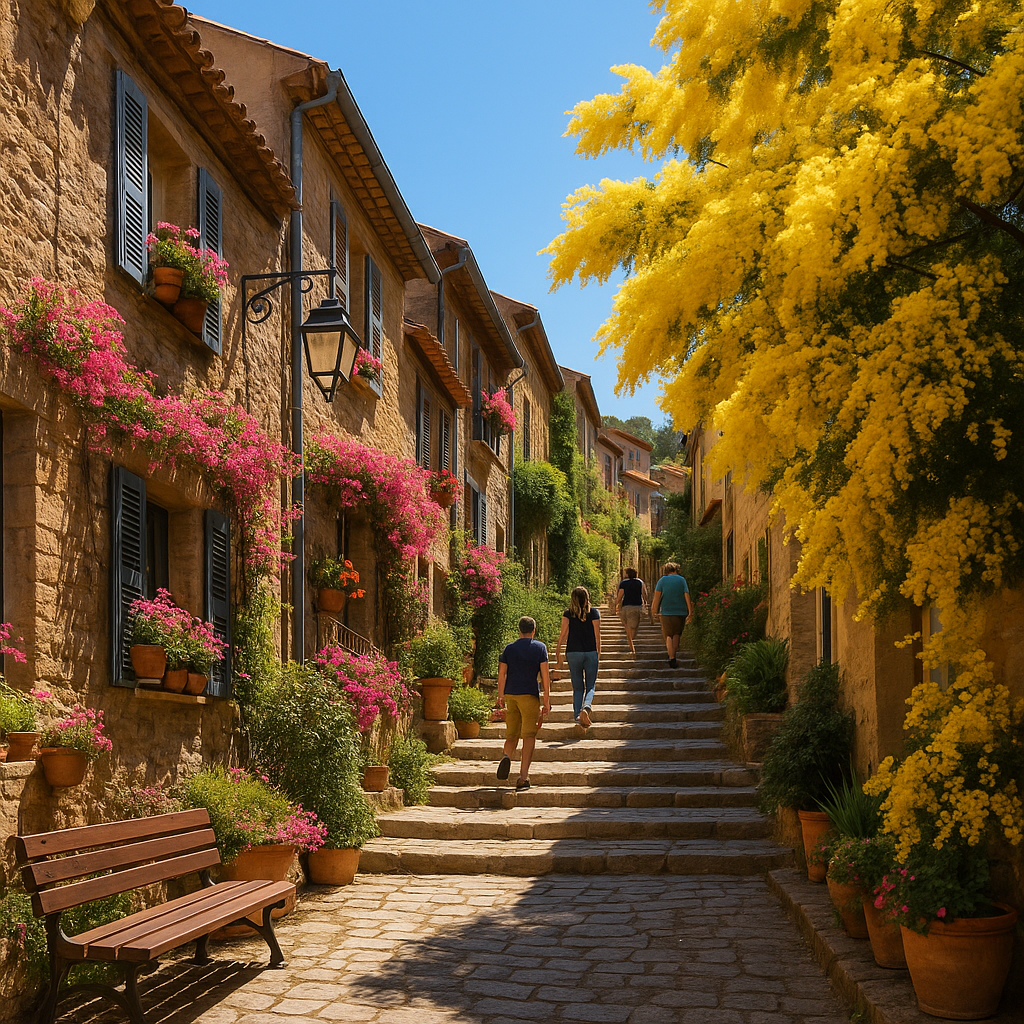 Scène printanière de Bormes-les-Mimosas avec ruelles médiévales fleuries et promeneurs.