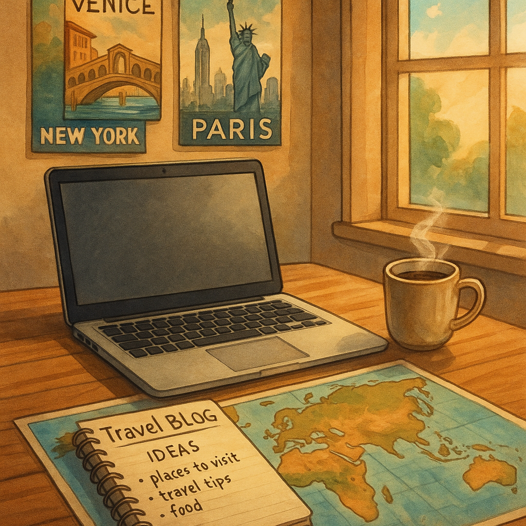 Bureau d'un blogueur de voyage avec ordinateur, carnet et carte du monde, prêt à écrire.