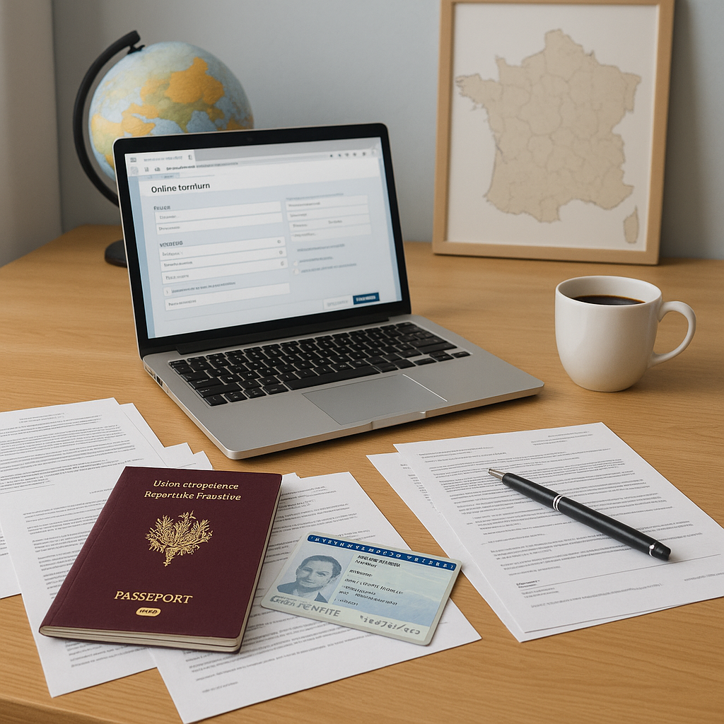 Bureau administratif représentant des démarches pour le département 99 avec des objets de bureau et documents éparpillés.