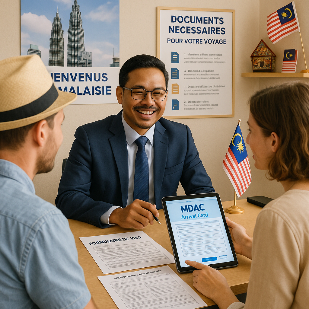 Couple français à un bureau de visas, consultant des documents pour leur voyage en Malaisie.