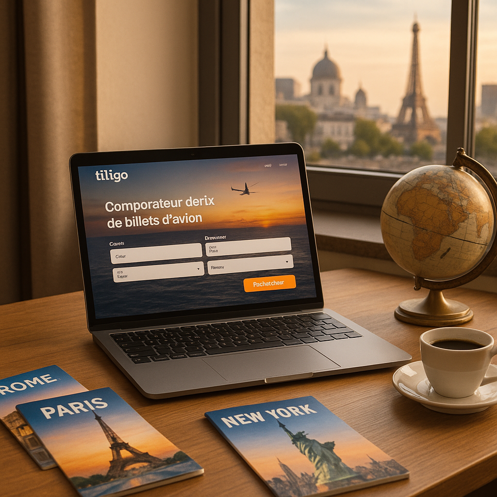 Bureau élégant avec ordinateur affichant Liligo, brochures de voyage et globe terrestre, évoquant les économies sur les billets d'avion.