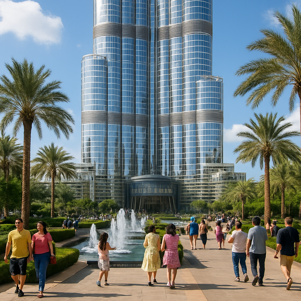Vue de la base du Burj Khalifa avec des visiteurs et des jardins environnants.