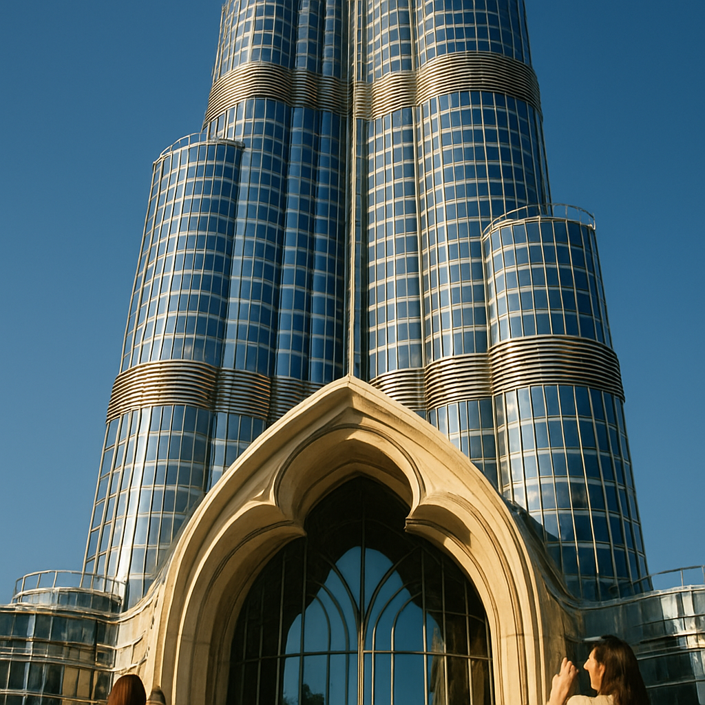 Détails architecturaux du Burj Khalifa à Dubaï avec des visiteurs admirant la tour.