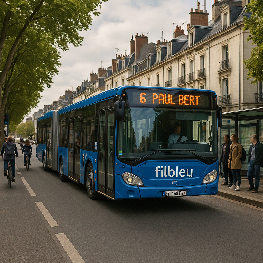 Scène d'un bus du réseau Fil Bleu circulant dans une rue animée de Tours, avec des passants et des cyclistes.