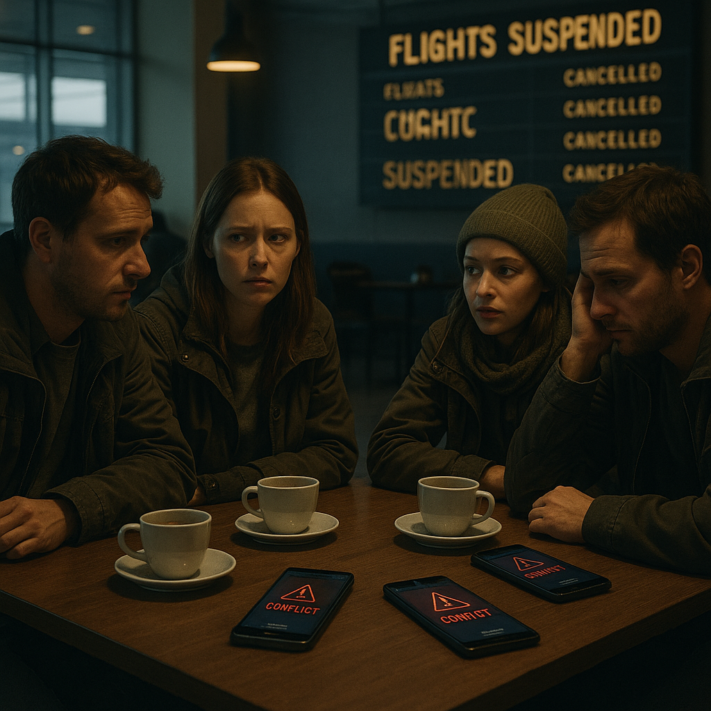 Groupe de passagers dans un café d'aéroport presque vide, préoccupés par des vols suspendus à cause de la guerre.
