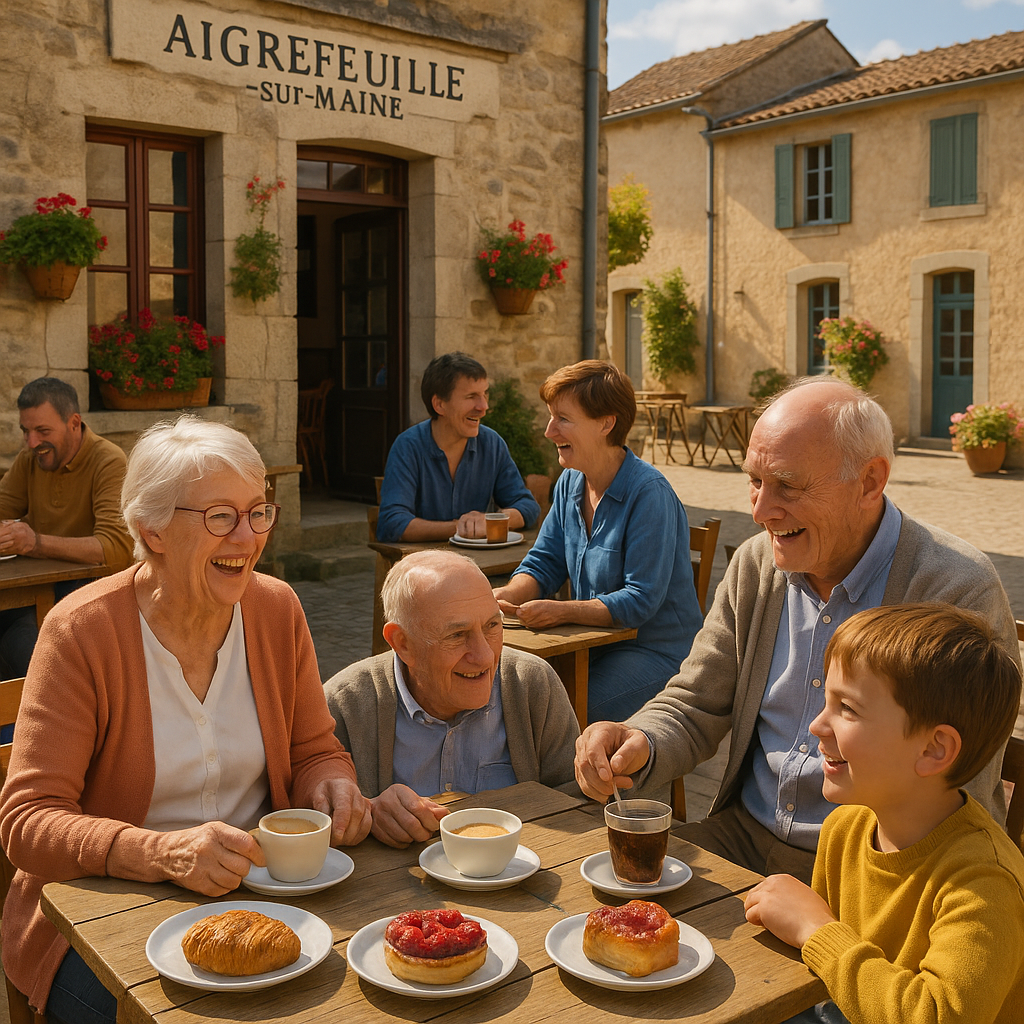 Scène d'un café animé à Aigrefeuille-sur-Maine avec des clients savourant des spécialités locales.