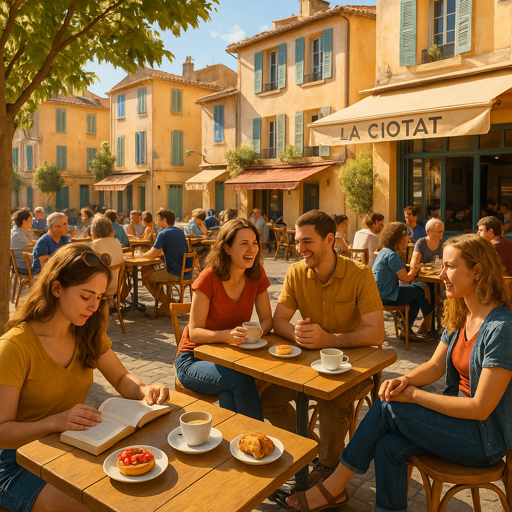 Café en terrasse à La Ciotat avec des clients savourant des boissons et discutant dans une ambiance conviviale.