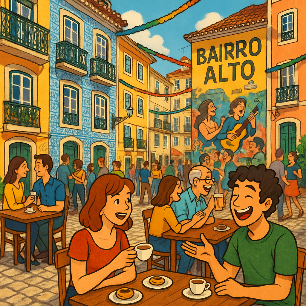 Scène d'un café en plein air à Bairro Alto, avec des clients appréciant des boissons et des pastéis de nata, entourés de façades colorées et d'une ambiance festive.