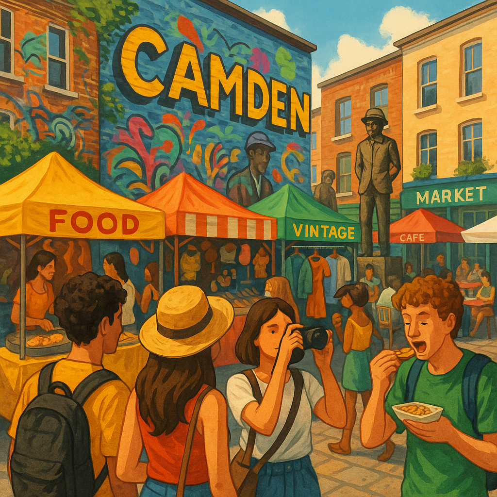 Marché animé de Camden à Londres, avec des visiteurs explorant des stands colorés et des graffitis sur les murs.