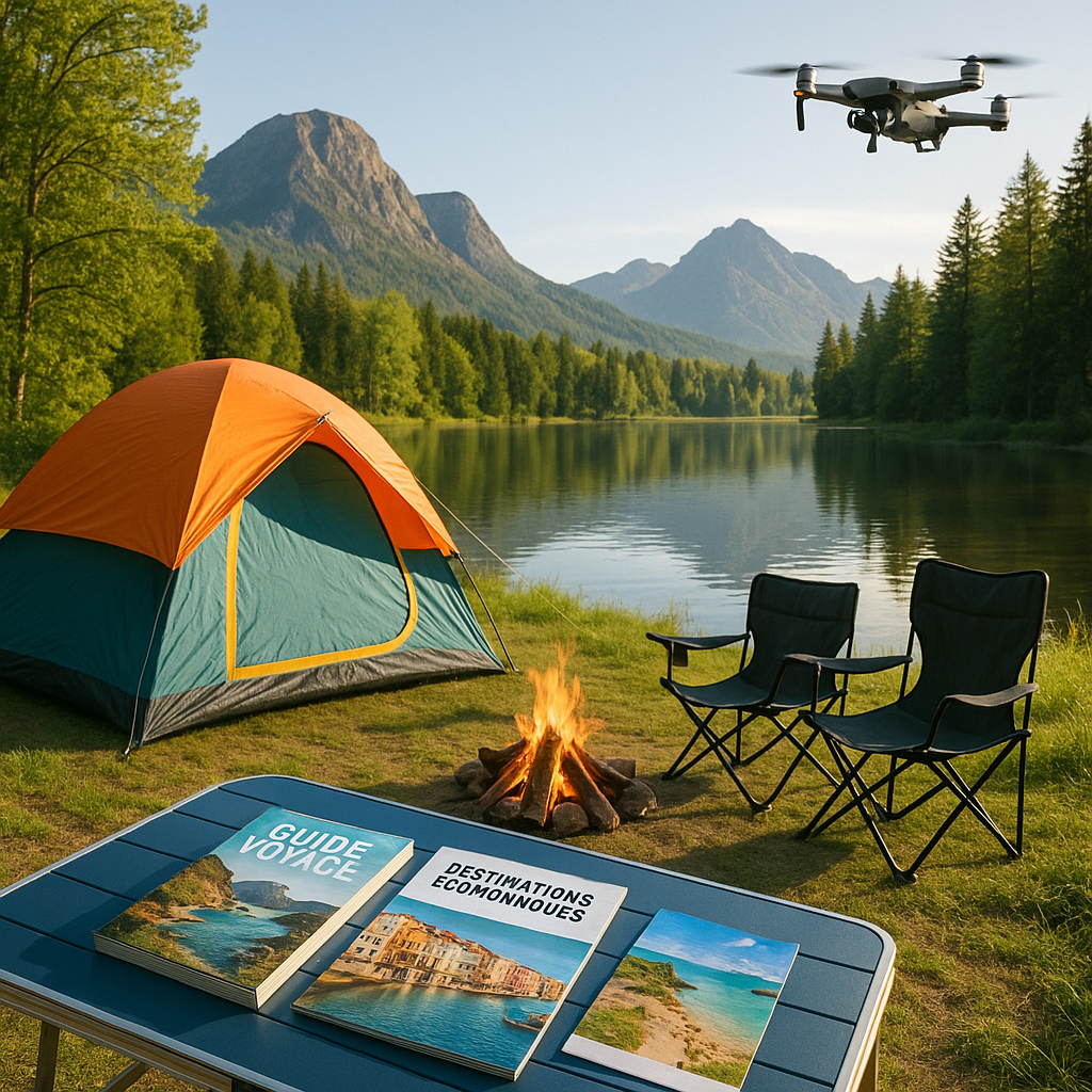 Scène de camping économique au bord d'un lac tranquille, avec une tente, un feu de camp et des guides de voyage sur une table.