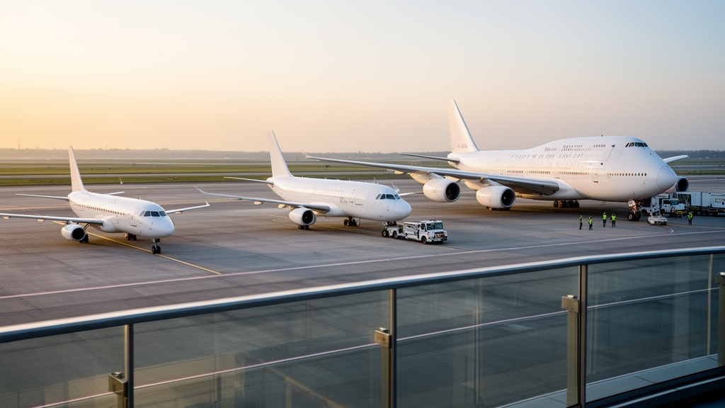 Comparaison visuelle entre un avion régional, un avion monocouloir et un long-courrier sur un tarmac d’aéroport.
