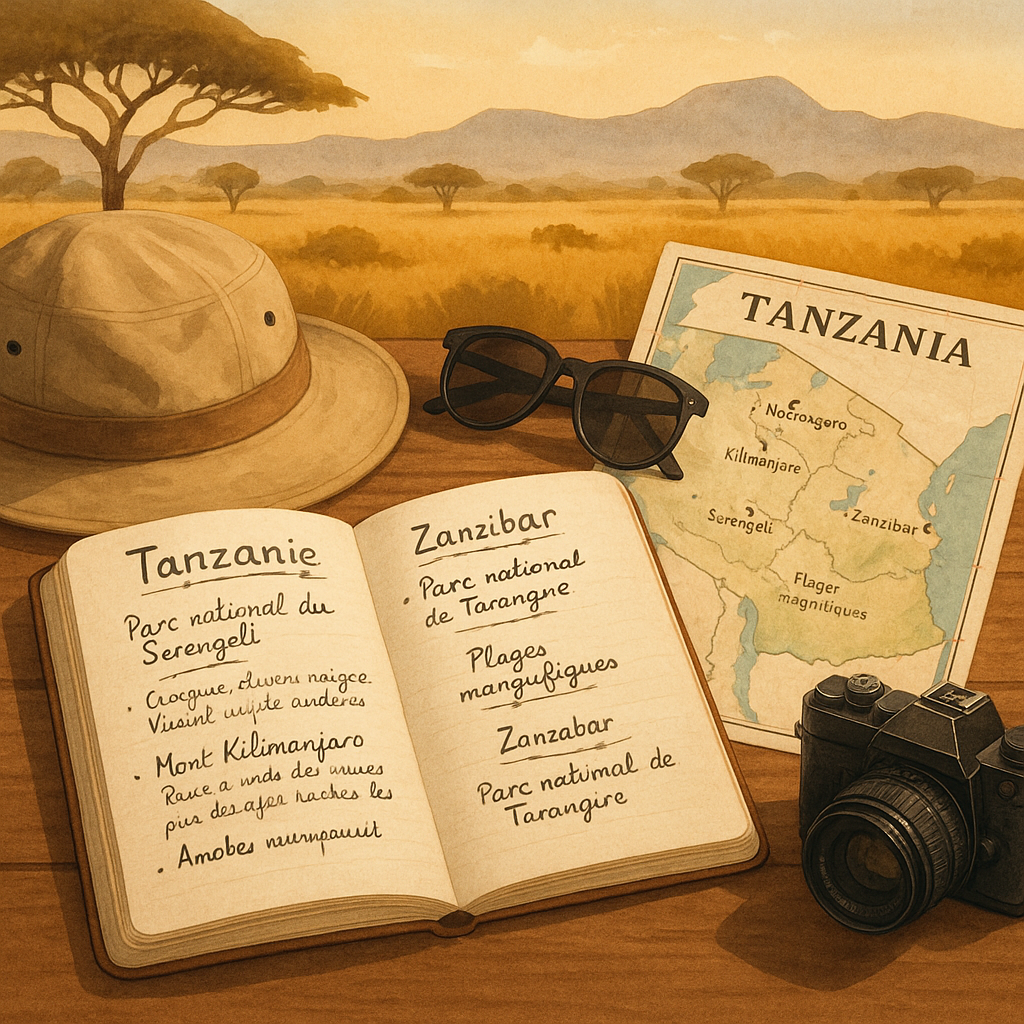 Carnet de voyage avec une carte de la Tanzanie et des objets de voyage.