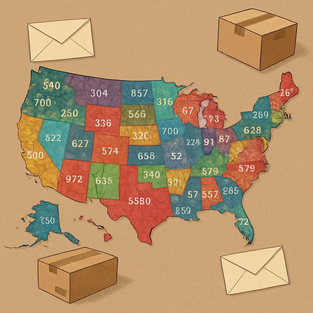 Carte des États-Unis illustrant les codes ZIP en zones colorées