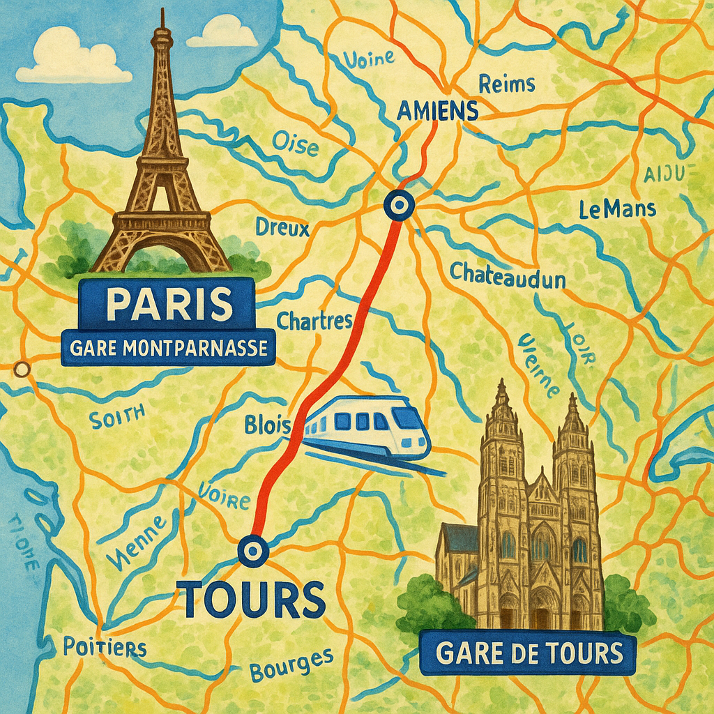 Carte routière de la France montrant le trajet en train entre Paris et Tours.