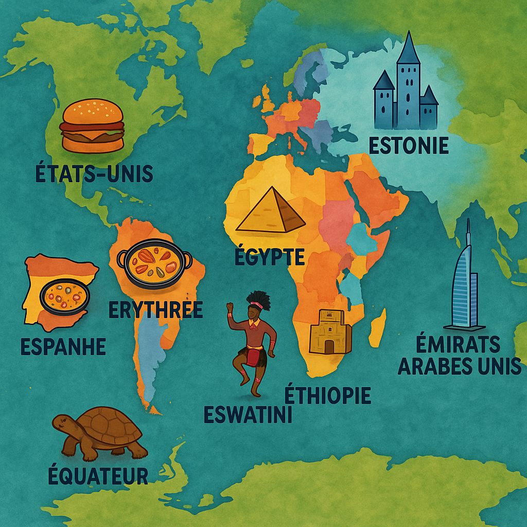 Carte stylisée montrant les pays commençant par la lettre E, avec des pictogrammes comme une pyramide pour l'Égypte, une vague pour l'Érythrée, un danseur pour l'Eswatini, et d'autres symboles pour chaque pays.