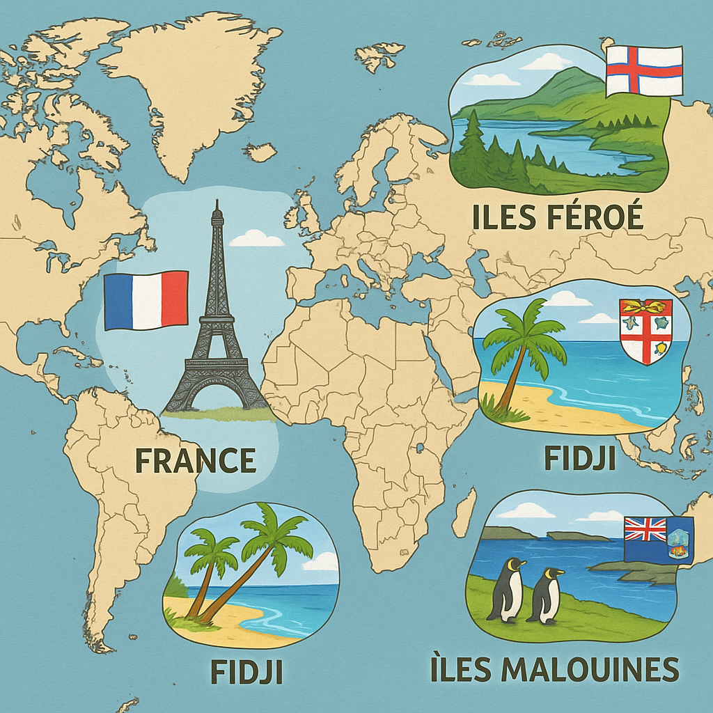 Carte illustrée des pays commençant par la lettre F avec la France, la Finlande, les Fidji, les Îles Féroé et les Îles Malouines.
