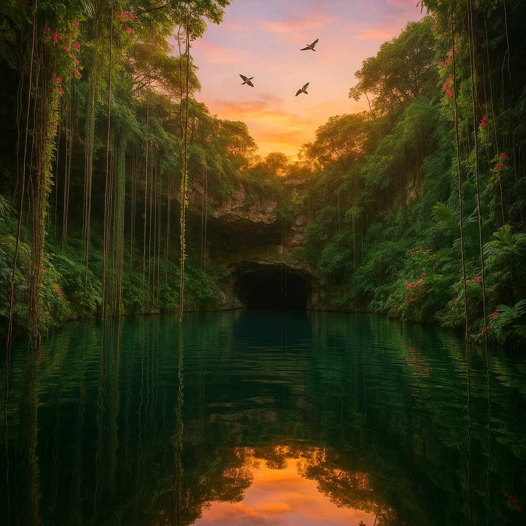 Cenote au lever du soleil avec une eau calme et une végétation luxuriante.