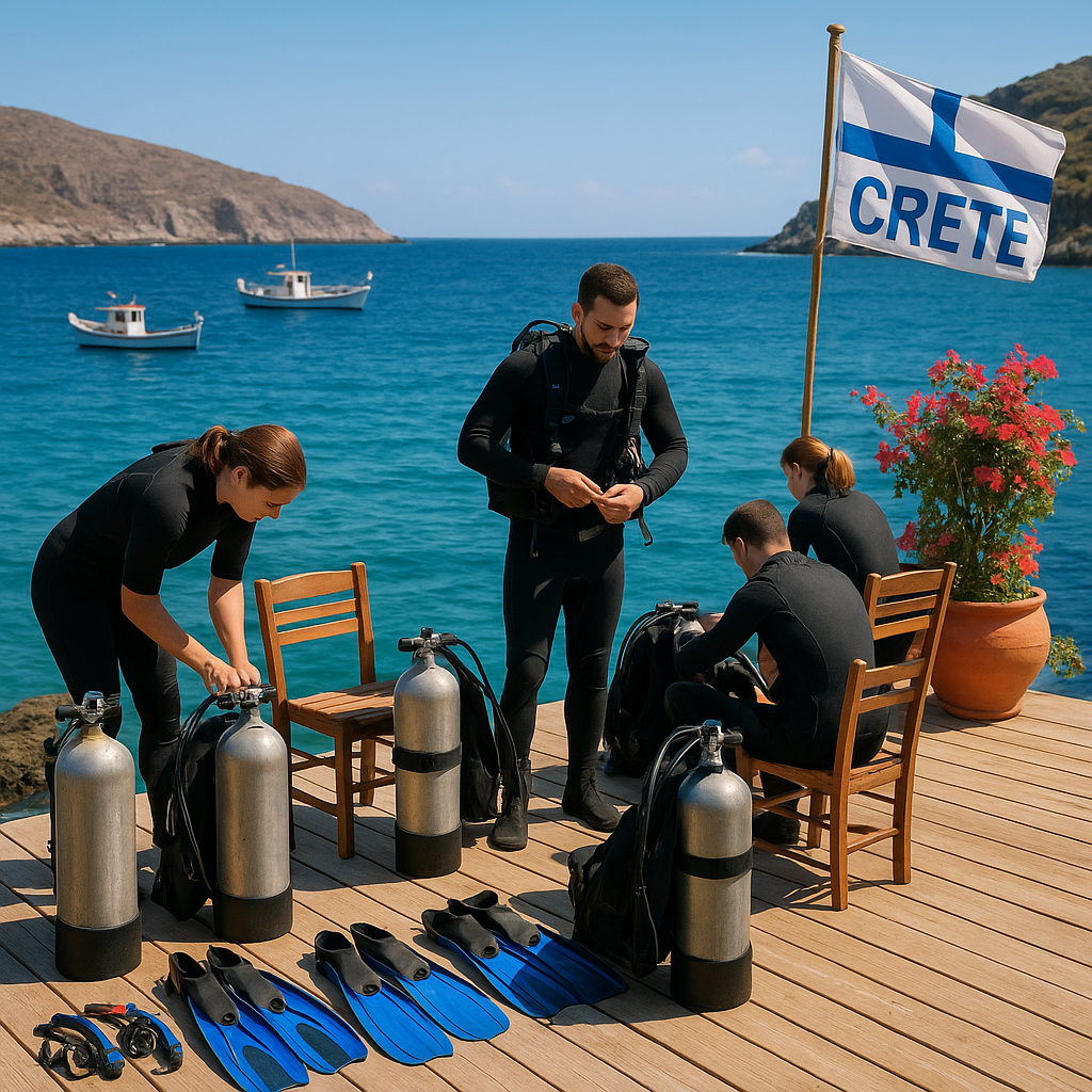 Préparation des plongeurs au centre de plongée en Crète avec l'équipement sur un quai au bord de la mer.