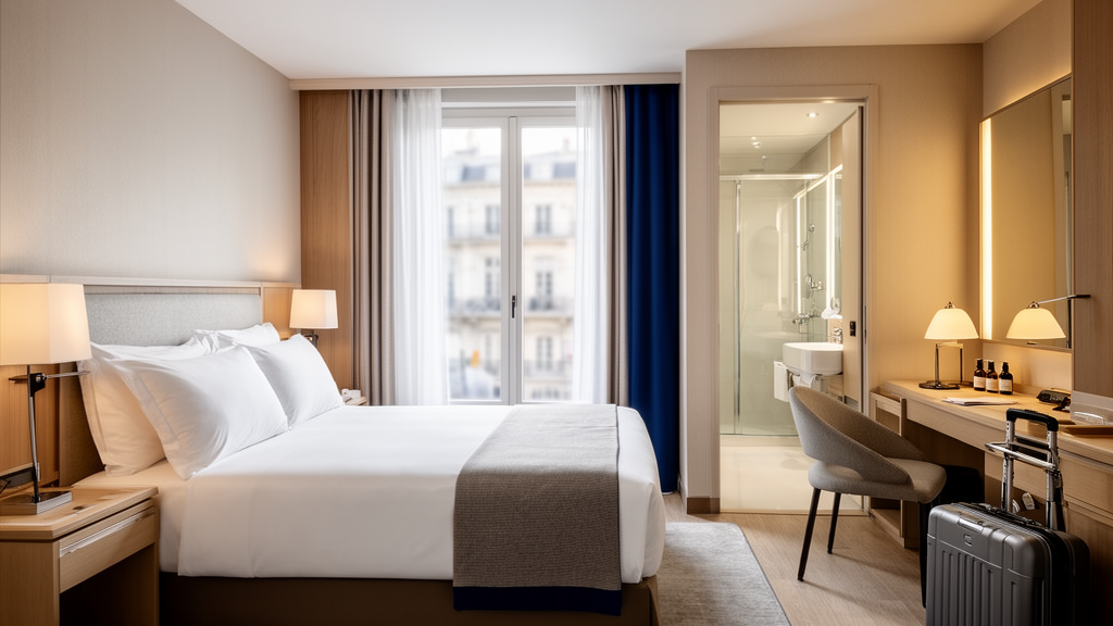 Chambre d’hôtel 4 étoiles confortable avec literie de qualité, bureau, rangements et salle de bain privative moderne.