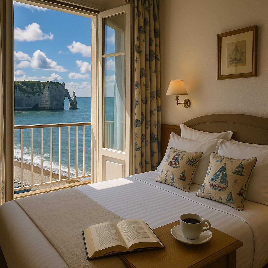 Intérieur d'une chambre d'hôtel à Étretat avec vue sur la mer et les falaises.