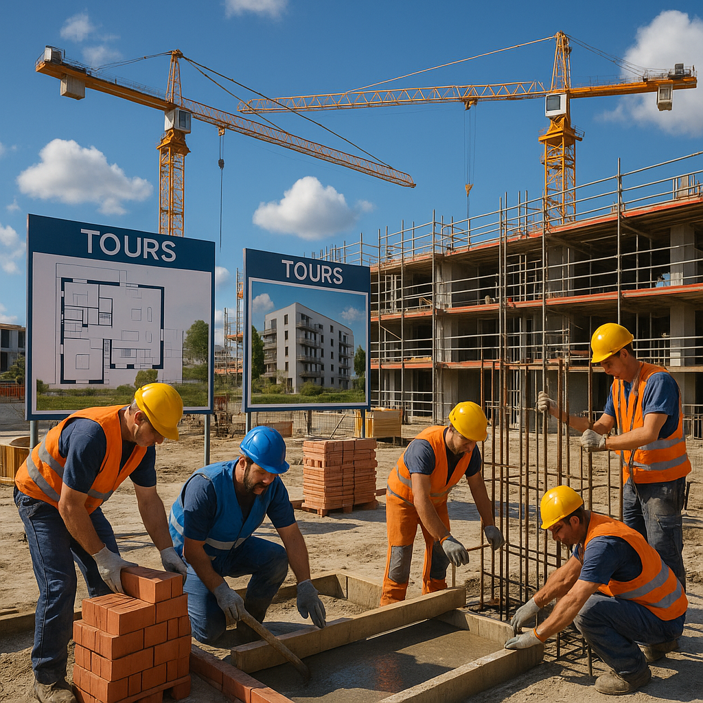 Ouvriers sur un chantier à Tours avec des grues et des matériaux de construction pour des logements sociaux.